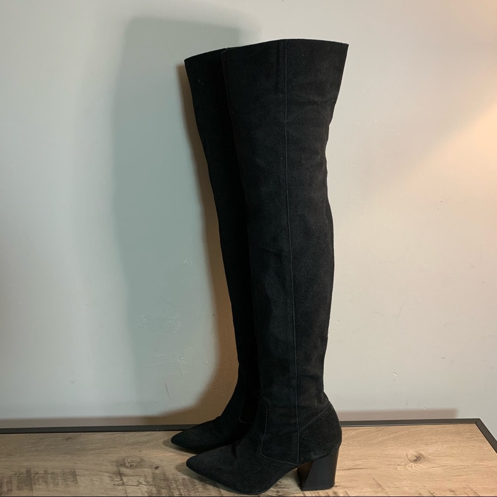 Woman's ZARA Trafaluc BLACK SUEDE Pointy Toe THIGH HIGH Heel BOOTS  37